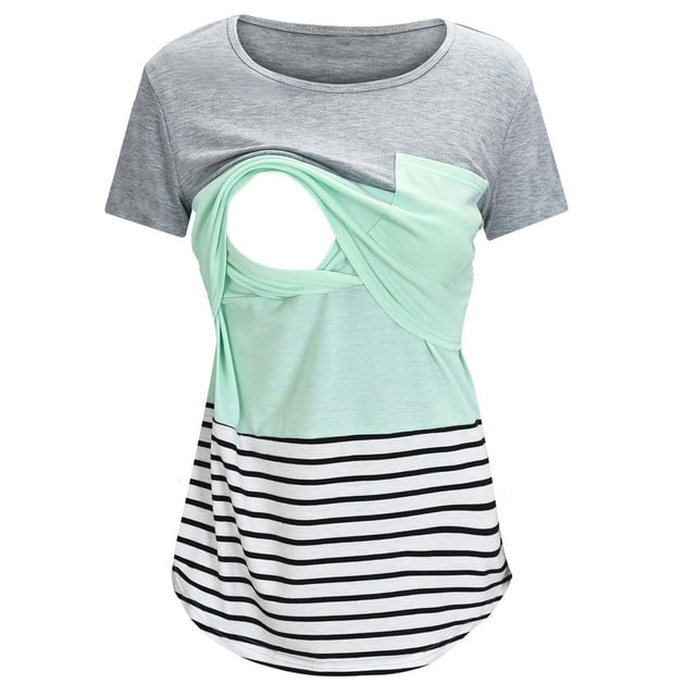 Pisexur Hauts d'Allaitement pour Femmes, Vêtements de Maternité Décontractés à Rayures Patchwork Col Rond Manches Courtes Double Couche T-Shirt de Grossesse avec Poche