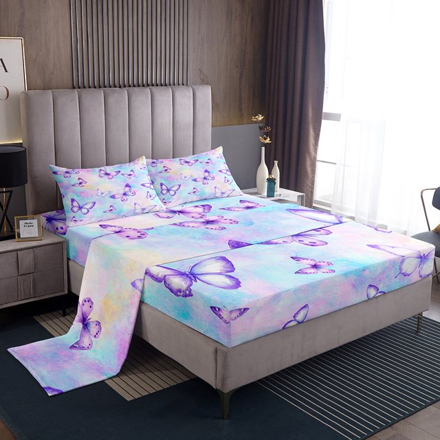 Erosebridal Ensembles de Draps Complets Papillons de Rêve pour Filles, Arc-en-Ciel Galaxie de Rêve 4 Pcs