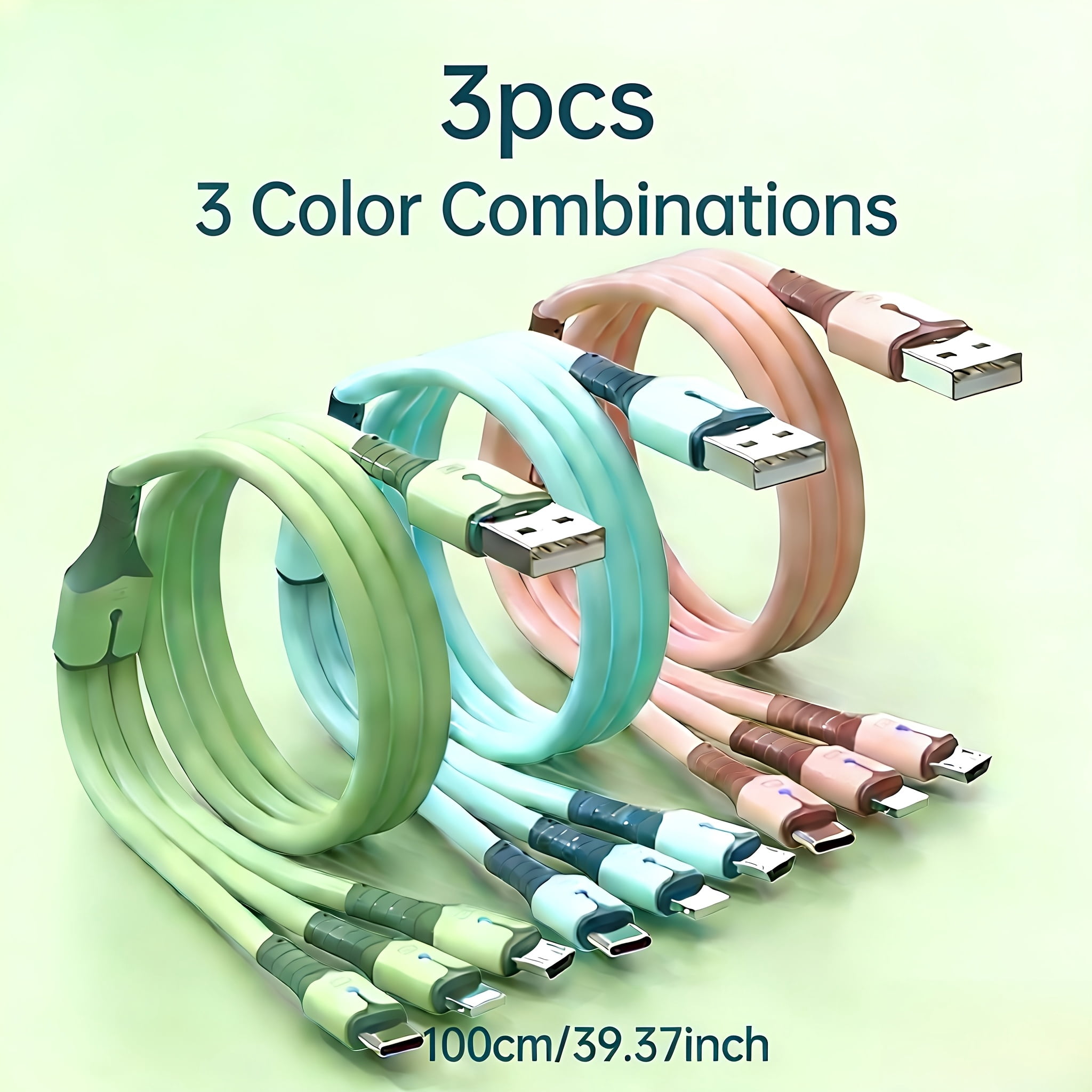 3-Pack/3-Color Combo 3-in-1 66W USB Fast Charging Cable, Compatible with iPhone, Samsung, Xiaomi Chargers, USB Type C to Micro USB Cable, Compatible with iPhone and Type-C Android Devices.