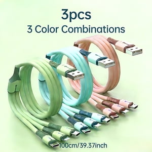 3-Pack/3-Color Combo 3-in-1 66W USB Fast Charging Cable, Compatible with iPhone, Samsung, Xiaomi Chargers, USB Type C to Micro USB Cable, Compatible with iPhone and Type-C Android Devices.