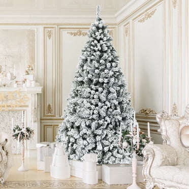 Gymax Christmas Tree 9 FT w/ Metal Stand Pre-Lit Snow Flocked Hinged Pine Tree w/ Metal Stand