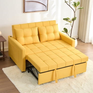 BIGSYY Canapé-Lit Convertible 3-en-1 de 52 Pouces en Lin avec Lit Escamotable, Dossier Réglable en Continu et Poche Latérale - Jaune