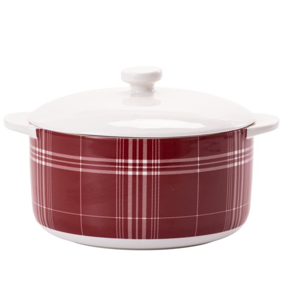 Holiday Time Red/White Plaid Ceramic Baker with Lid, 6.85 inch x 5.51 inch x 3.9 inch, 1 Piece