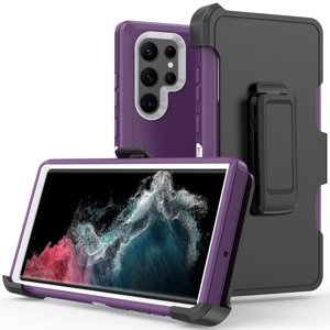 Xhy Samsung Galaxy S22 Ultra Case robuste résistant à l'amortisseur Armor Protecteur téléphone Case Cover with Belt Clip Holster (Purple+White)