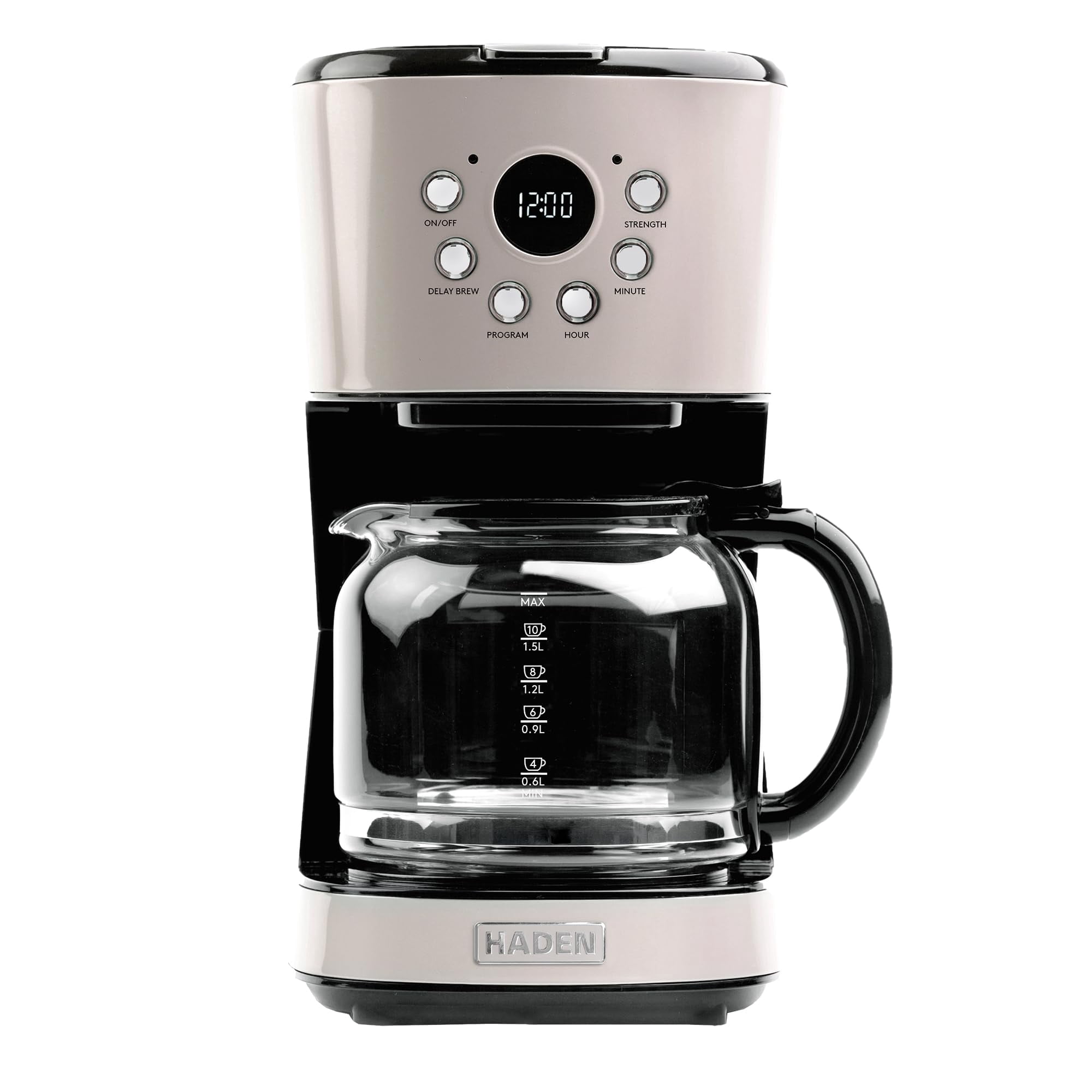 Haden 12-Cup Programmable Coffee Maker for Home or Office, Putty & Chrome &ndash; Drip Brewer Machine with Brew Strength, Delay Brewing, Auto Shut-Of