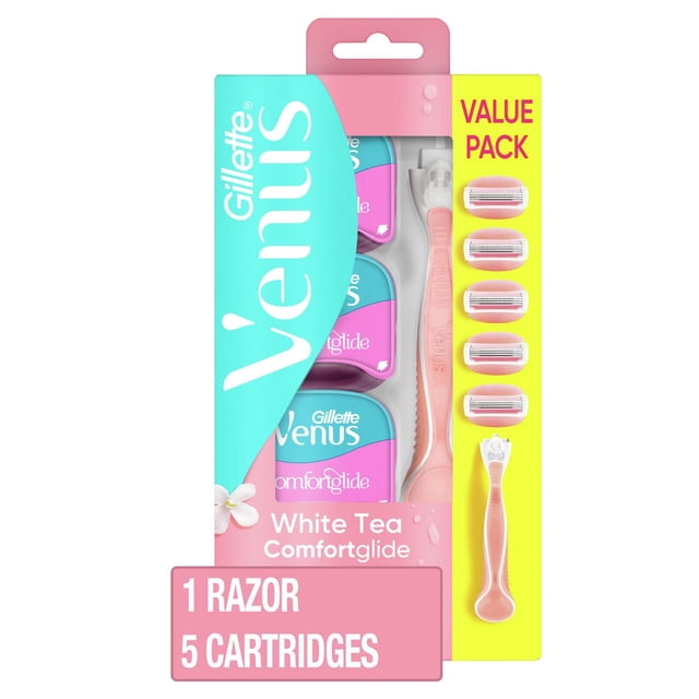 Gillette Venus Comfortglide White Tea Women's Razor value pack with 1 pink ergonomic handle and 5 refill cartridges featuring 3 curve-hugging blades and built-in white tea scented moisture bars for a smooth, comfortable shave.