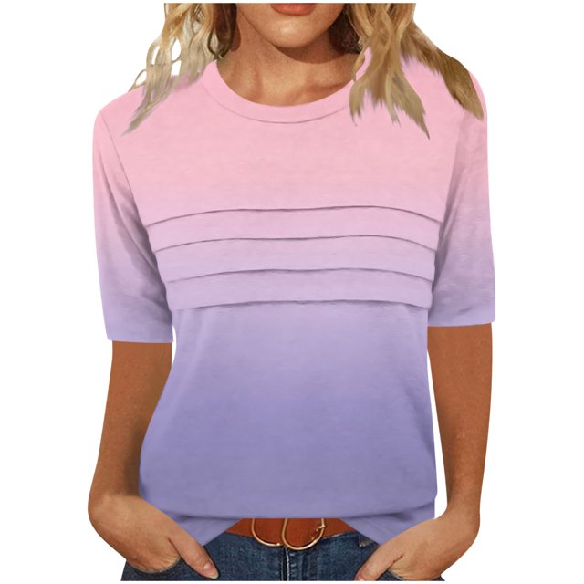 Pisexur Hauts de Printemps pour Femmes 2025, Hauts pour Femmes, T-shirt à Col Rond Plissé à Manches 3/4 pour Femmes, Coupe Ample, Manches Raccourcies, Rose, G