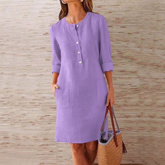 Weiqiqre Robe Athlétique pour Femmes Décontractée d'Été Confortable Longueur Genou Robes Chemise avec Poches Classique Unie à Manches Longues