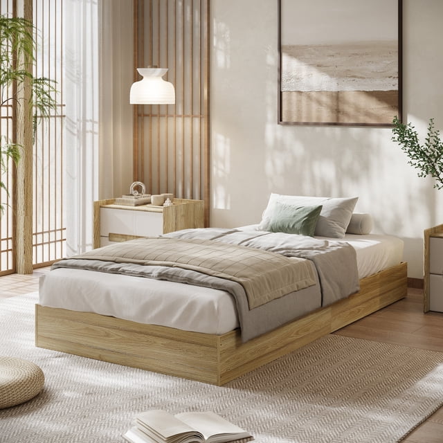 Modern Floor-Standing Platform Bed Frame, Wooden Bed Frame Without Headboard, Solid Wood Slat Foundation, No Box Spring Needed, Easy Assembly, for Bedroom, Dorm, Small Spaces