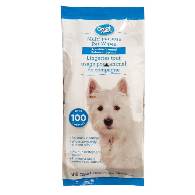 Great Value Lingettes pour Animaux Polyvalentes, Paquet Parfumé au Jasmin Mettant en Vedette un Chien West Highland Terrier Blanc, Contenant 100 Lingettes pour un Nettoyage Rapide et l'Élimination Quotidienne de la Saleté et des Odeurs, Idéal pour le Toilettage des Chiens et le Contrôle des Odeurs d'Animaux.