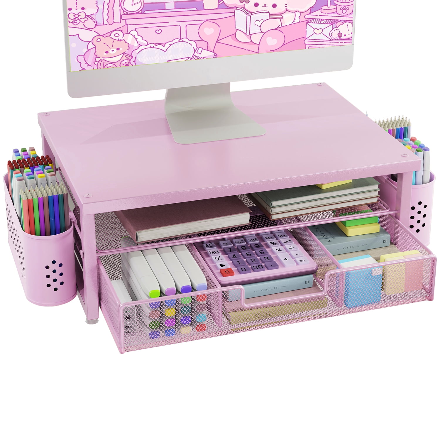 MEHOOM Desk Organizers and Accessories, 2-Tier Computer Monitor Stand Riser with Drawer and 2 Pen Holders, Laptop Stand, Office Desk Accessories for Office Supplies, Pink