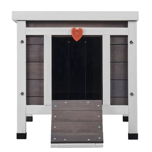 KFFKFF Cat House Abri Extérieur en Bois pour Chat Sauvage avec Toit et Rabats de Porte en PVC. Vue Orientée vers l'Avant d'Un Cat House en Bois de Cèdre Gris avec Toit en Pente Asphalté Résistant aux Intempéries, Rabats de Porte en PVC Épais et Porte à Rampe d'Escalade. la structure Comprend des Patins de Pieds Imperméables, des Matériaux Résistants à la Corrosion et une base Amovible pour un Nettoyage Facile. Durable et Adapté à une Utilisation Extérieure dans les Jardins, Balcons Ou Cours.