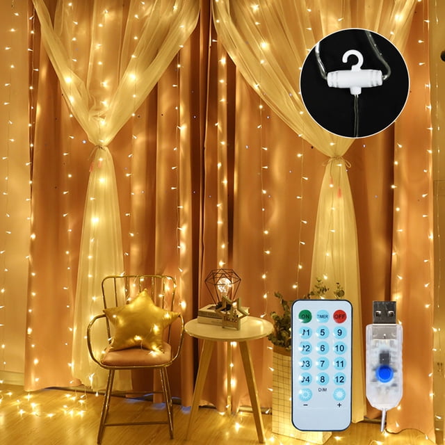 Yeacher 10 X 10FT 300LEDs curtain string lights with copper wire and warm white glow, hanging on a curtain backdrop. Features 4 music modes, 8 lighting modes, and a USB power adapter. Includes a remote control for easy operation. Ideal for weddings, parties, and home decoration.