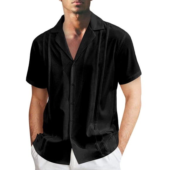 BOBOGOJP Men's Short Sleeve Lightweight Shirt Short Sleeve Button Down Striped Casual Linen Dress Shirts,Black XL