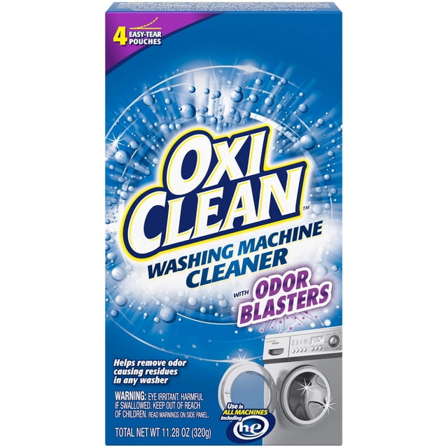 OxiClean Nettoyant pour Laveuse - Boîte de 4 Ct/8 Pk Présentant le logo de la Marque en Texte Audacieux Jaune et Blanc sur un Fond Bleu avec des Bulles. l'Emballage Met en Valeur « les Blasters d'Odeurs » et Déclare Qu'il Aide à Enlever les Résidus Causant les Odeurs dans Toute Laveuse. Comprend 4 Sachets à Déchirer Facilement et Convient à Toutes les machines à Laver, Y Compris les Modèles à Haute Efficacité (HE). le Poids Net Est de 11,28 oz (320 g).