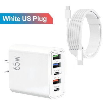 Chargeur Mural USB-C, Chargeur Rapide 65 W, 2 Pcs (1 Bloc Chargeur + 1 Câble Chargeur USB-C 3,28 Pi), Adaptateur de Voyage à 5 Ports, Convient aux Téléphones Mobiles et Appareils Multimodèles