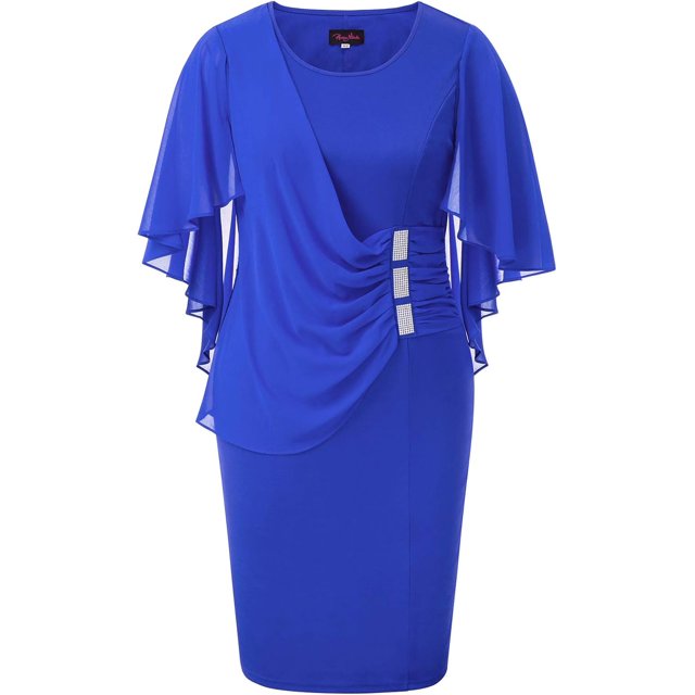 Hanna Nikole Robe à Manches Cape en Mousseline pour Femme, Grande Taille, Flatteuse, à Volants, avec Strass, Robe Crayon