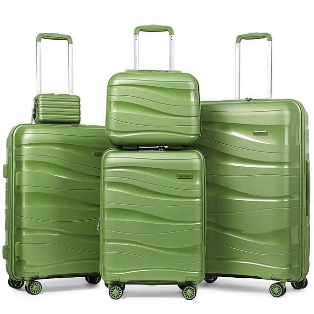 Joyway Ensemble de Bagages 5 Pcs Vert, Comprenant une Valise Cabine Extensible de 20 Pouces, une Valise Moyenne de 24 Pouces, une Valise Enregistrée de 28 Pouces, une Trousse Cosmétique de 14 Pouces et un Sac à Main Cabine de 7 Pouces. Fabriqué en Polypropylène durable avec une Conception à surface Ondulée Brillante et Givrée. Comprend 8 Roues Pivotantes Ultra Silencieuses, un Cadenas TSA, des Fermetures Éclair YKK et une Poignée Télescopique Entièrement en Aluminium. Idéal pour les Voyages, l'École et les Escapades de Fin de Semaine.