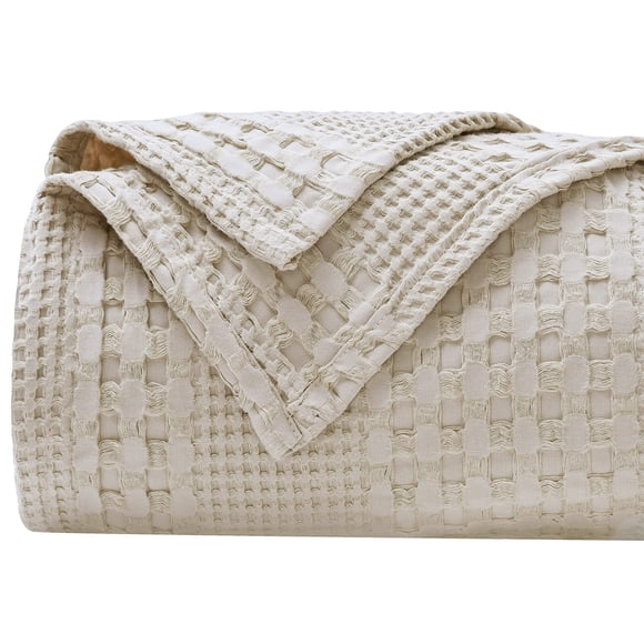 PHF Couverture en Tricot Gaufré 100 % Coton Format Grand Lit - Couverture Décorative de Luxe Douce, Respirante et Douce pour la Peau - Couverture Texturée Parfaite pour Canapé Lit Sofa 90"x90 Pouces - Kaki Pâle/lin