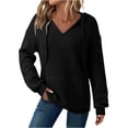 thumbnail image 2 of Xdegoge Womens Hoodies Sweatshirts Oversized Sweatshirts Ribbed Knit Long Sleeve Drawstring V Neck Casual Pullover Sweatshirt Hooded Tops Plus Size Fall Winter Clothes with Pockets Black M, 2 of 9