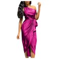 thumbnail image 1 of Women Sexy Solid One Shoulder Ruched Slit Dress Sleeveless Belt Formal Dress, 1 of 3