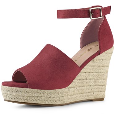BLISSFUL STEP Sandales pour Femmes Espadrilles à Talon Compensé à Bride à la Cheville à Bout Ouvert en Faux Suède Bourgogne 7