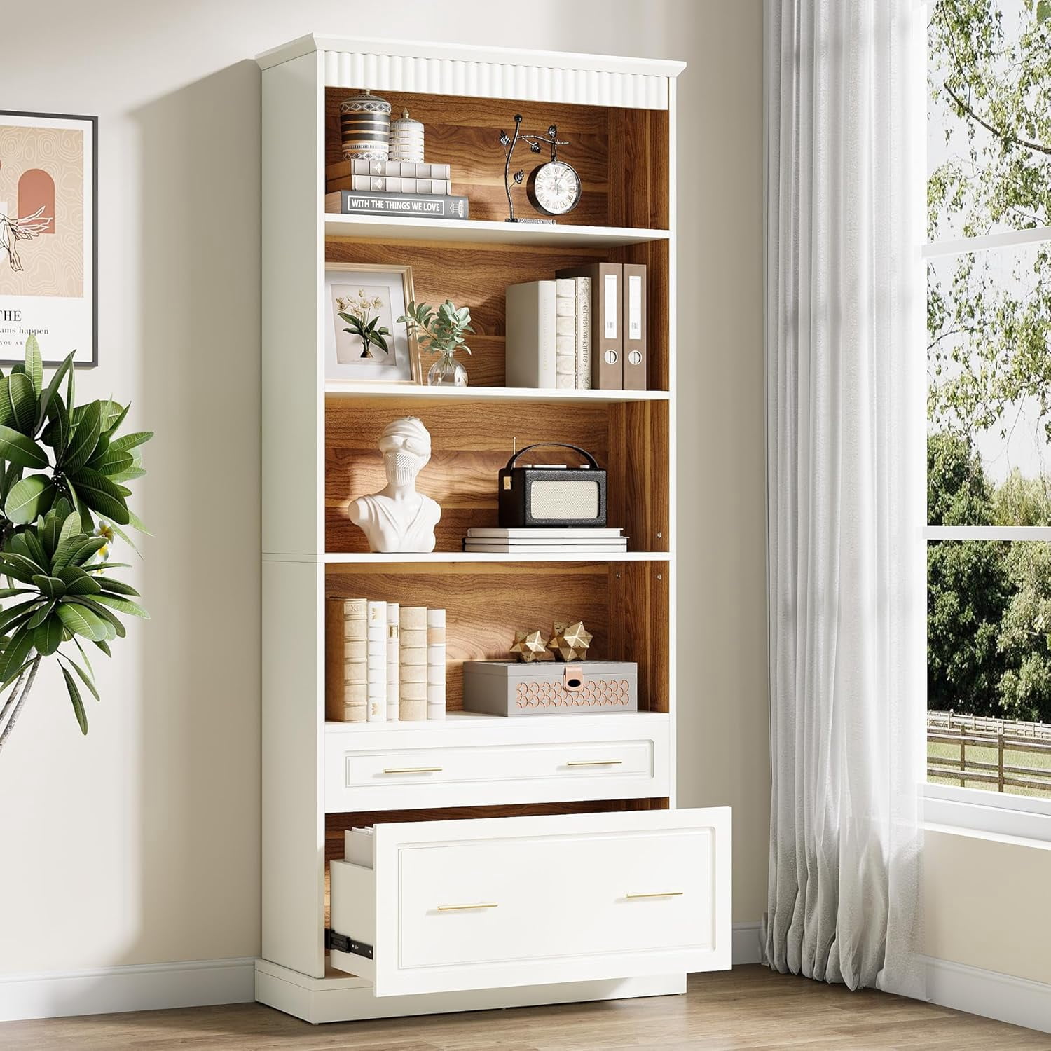 Tribesigns 5-Shelf Bookcase with File Cabinet Drawer, Modern Tall Bookshelf for Living Room, White