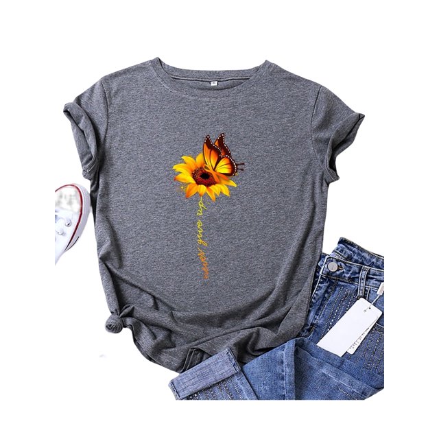 Innerwin T-Shirt Papillon Imprimé Lettres pour Femmes Manches Courtes Basique Gris P