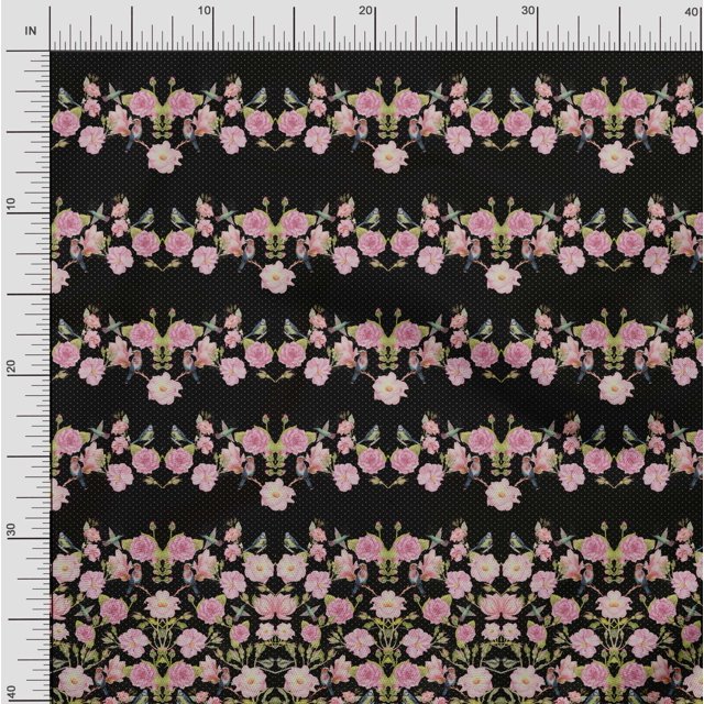 Soimoi Black Poly Georgette Fabric Flowerpecker & Floral Panel Printed Craft Fabric by The Yard 52 Inch Wide