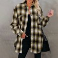 thumbnail image 1 of IROINID Veste Décontractée Mi-Longue pour Femmes Col Rabattu à Carreaux Simple Boutonnage Shacket Manches Longues, Marron, 1 of 4