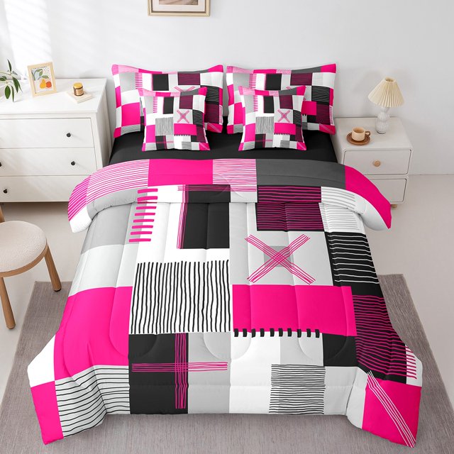 Erosebridal Geometric Stripe Bedding Queen Size,Rectangle Lines Comforter Sets with Sheets,Patchwork Decor,Reversible,Lightweight,7 Pieces