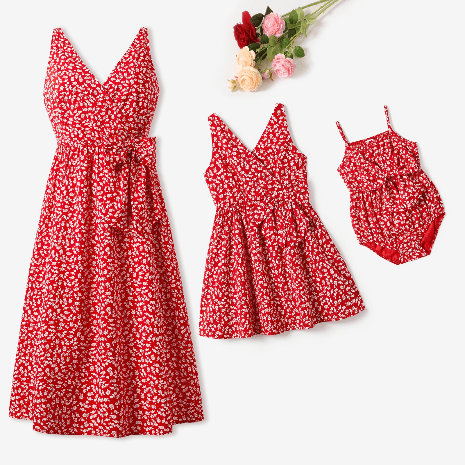PatPat Robe Rouge à Petites Fleurs à Col en V avec Nœud sur le Côté pour Maman et Moi avec Bouton-Pression Caché