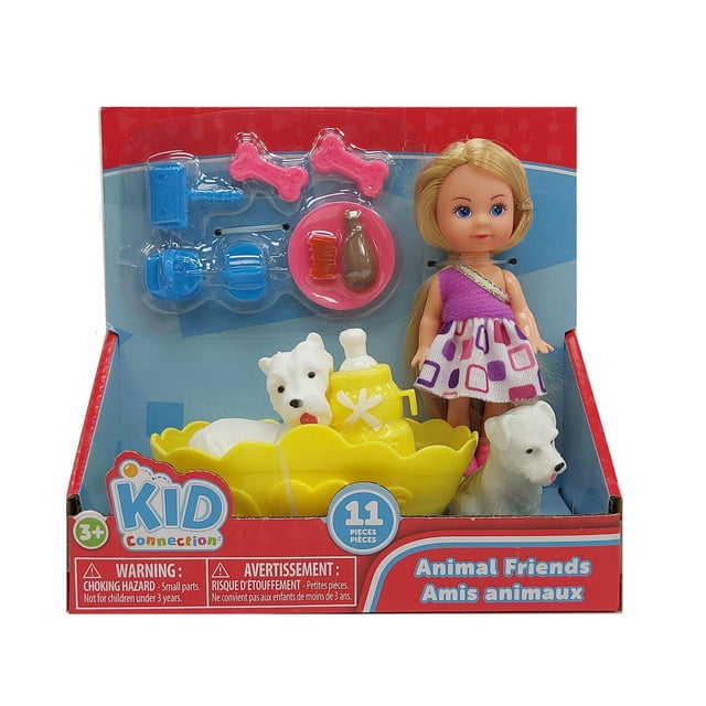 Kid Connection Animal Friends Play Set featuring a fashion doll in a purple and white dress, two white pet dogs, a yellow pet bed, a yellow feeding bottle, and 11 pieces including blue and pink accessories like bones, a brush, and a food dish, designed for children aged 3 and up with bilingual English and French packaging.