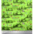 thumbnail image 1 of Soimoi Green Poly Georgette Fabric Humans,Sleigh & Mountains Holiday Printed Fabric 1 Yard 42 Inch Wide, 1 of 3