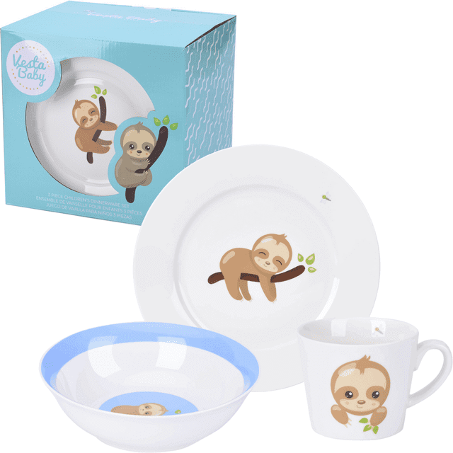 Vesta Baby 3 Piece Kids Ceramic Dinnerware Set - Blue Plate, Bowl, Cup - Sloth Front-facing view of a 7.5-inch plate, 6-inch bowl and 7.4 fl oz cup in glazed new bone china with a printed sloth design; lightweight, microwave- and dishwasher-safe, photographed on a neutral tabletop.