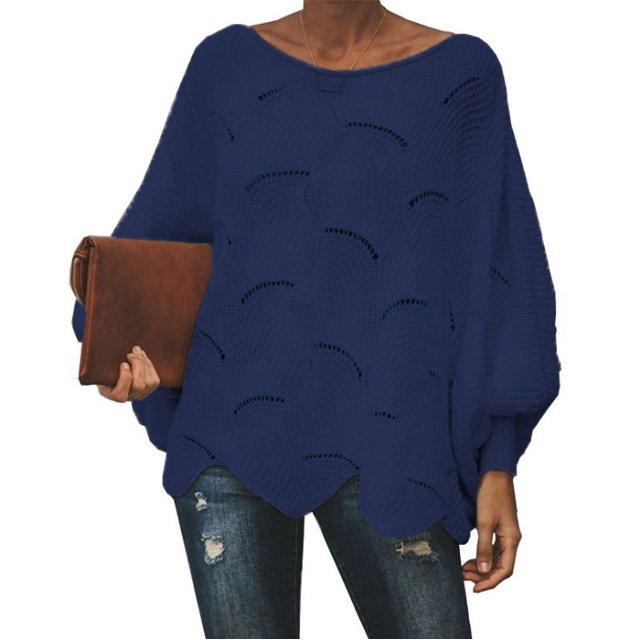 Tralilbee Nouveau Chandail de Mode Polyvalent Grande Taille à Col Rond Ample Décontracté avec Trous Manches Lanterne Chandail Tricoté Chandail pour Femme