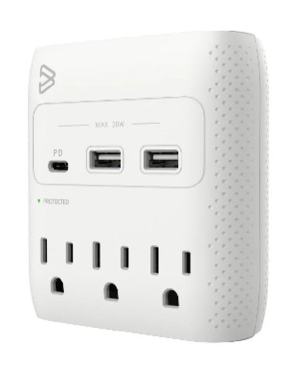 BlueDiamond 3-Outlet Surge Protector + 3 USB Charging Wall Tap - 1-USB-C PD + 2-USB-A - 540J - White