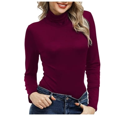 Baberdicy T-Shirts pour Femmes Femmes Col Roulé Simulé Manches Longues Chandail Col Montant Ajusté T-Shirt de Base Hauts pour Femmes Rouge