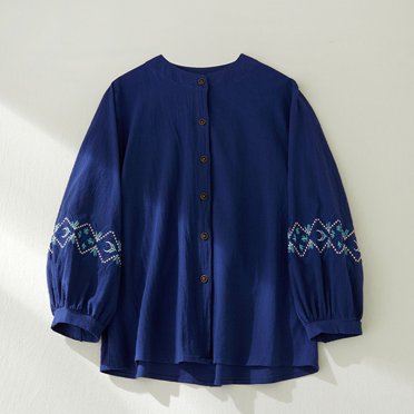 FcBaudy Womens Tops,Long Sleeve Round-Neck Blouses & Shirts Womens Spring Summer Printed Casual Loose Fashion T-Shirt Long Sleeve Round-Neck Embroidery Button Cotton And Linen Blouse Women Blouse