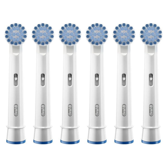 Oral-B Sensitive Gum Care Electric Toothbrush Replacement Brush Heads, six white round brush heads with extra soft blue and light blue bristles designed for gentle cleaning around sensitive gums, compatible with most Oral-B rechargeable toothbrush handles except iO and Sonic models.