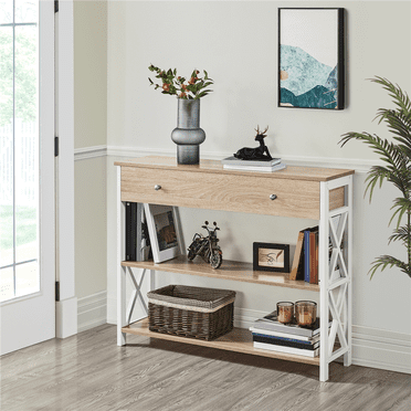 FullFurnique Table Console Vintage en Bois avec 1 Tiroir et 2 Étagères Ouvertes, Chêne Clair