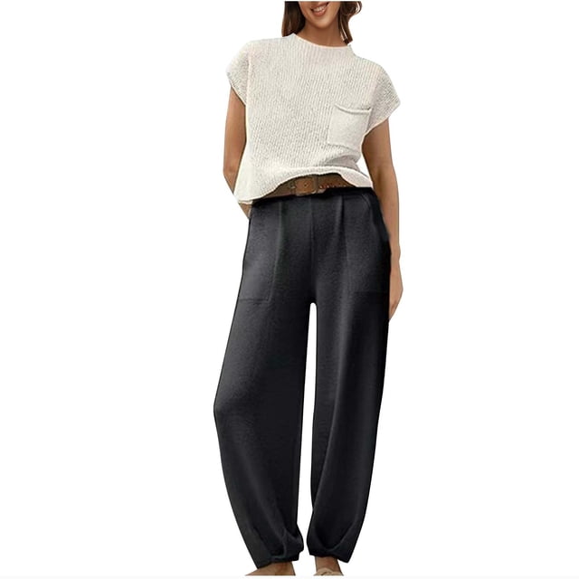 Timegard Ensembles Lounge pour Femmes 2 Pcs Hauts Courts Amples à Manches Cap Courtes Pantalons à Bas Resserré avec Poches Tenues