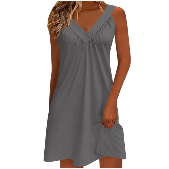 Kyusrd Robe Débardeur d'Été pour Femmes Robe Courte Plissée à Col en V Sans Manches Robe Soleil T-Shirt Robe Trapèze Robe Courte de Plage