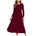 thumbnail image 1 of Penkiiy Robe Femme à Manches Longues avec Poches Col Rond Couleur Unie Fluide Ourlet Évasé Robe Mi-Longue P Bordeaux, 1 of 6