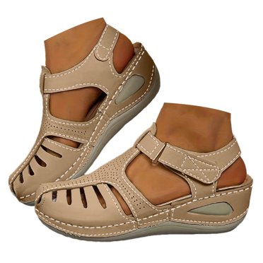Dakaela Summer Wedge Sandals for Women Closed Toe Platform Ladies Beach Slip on Shoes with Hook Loop
