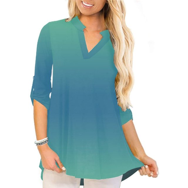 Tops Grande Taille pour Femmes 3/4 Manches Roulées Chemisiers Col V Haut de Tunique