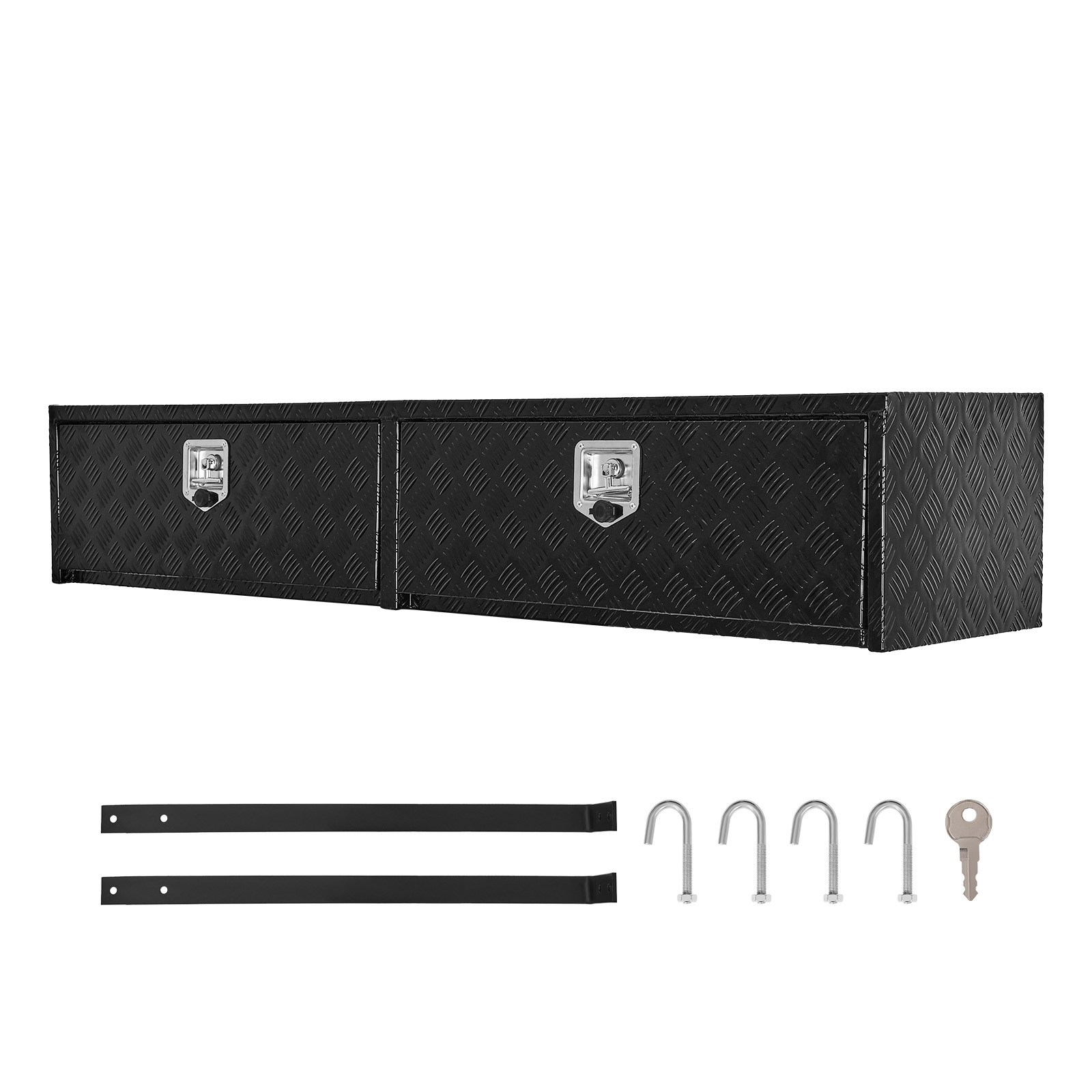 KFFKFF Truck Tool Box, 72 x 13 x 16 Inch, Black Aluminum Tread Topsider Toolbox with Dual Drop Doors, Heavy Duty Lockable Storage and Organization Box with Latch