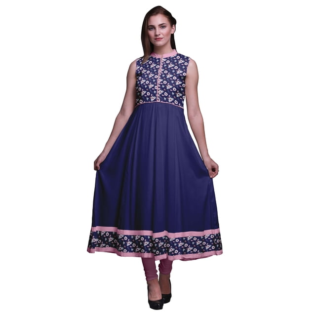 Bimba Robe Anarkali Bleu Marine à Fleurs, Col Mandarin, Sans Manches, Kurtis pour Femmes, Robe Maxi à Imprimé, Grande
