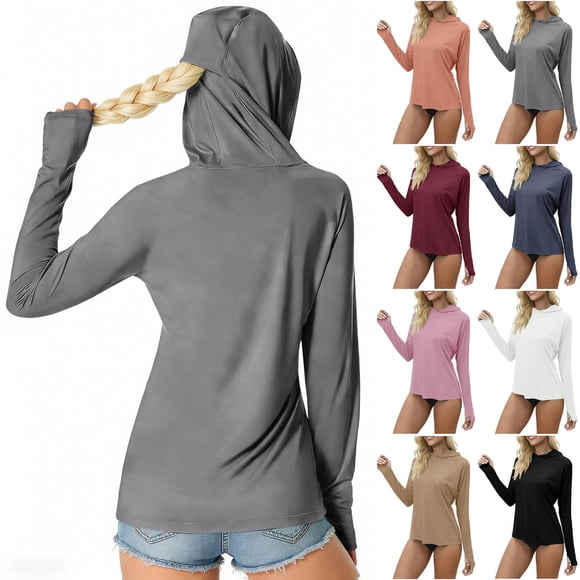 Sentmoon Jacket for Women UPF 50+ Quick Dry Long Sleeve Shirts for Women Hooded Neck Breathable Regular Fit Sun Hoodie Women with Thumb Holes for Gardening and Safari XL