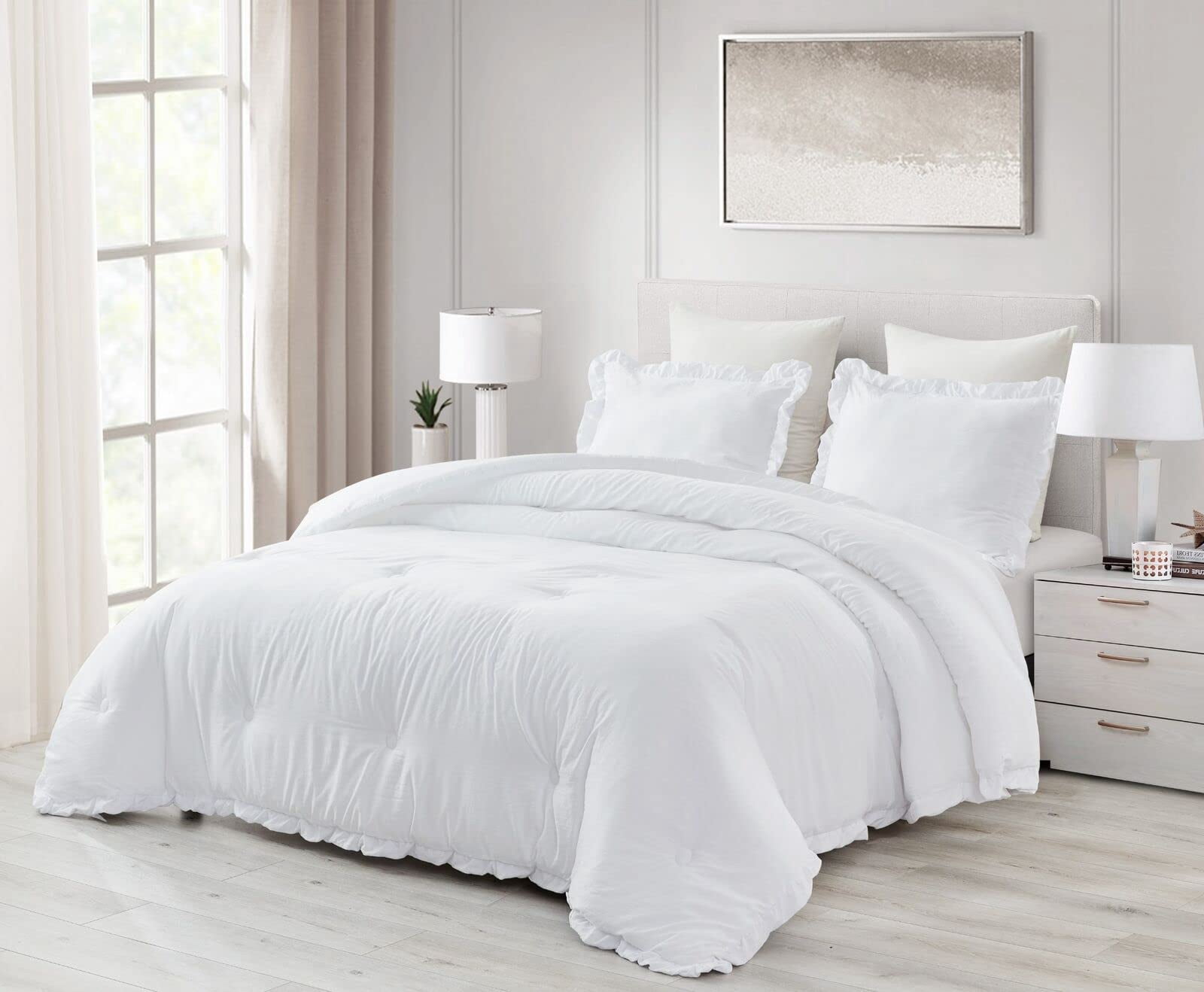 Chezmoi Collection Nora 2-Piece Ruffled Edge Trim Soft Washed Microfiber Comforter Set (Twin White)